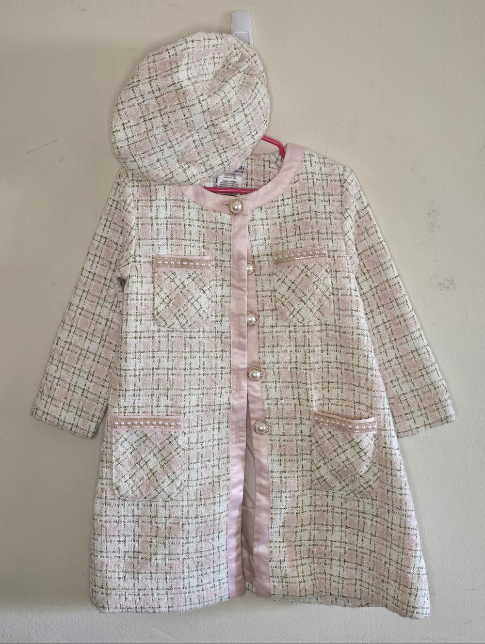 Blueberi Boulevard Tweed Coat Beret Set Girls Size 5 Pink Pearl Jacket